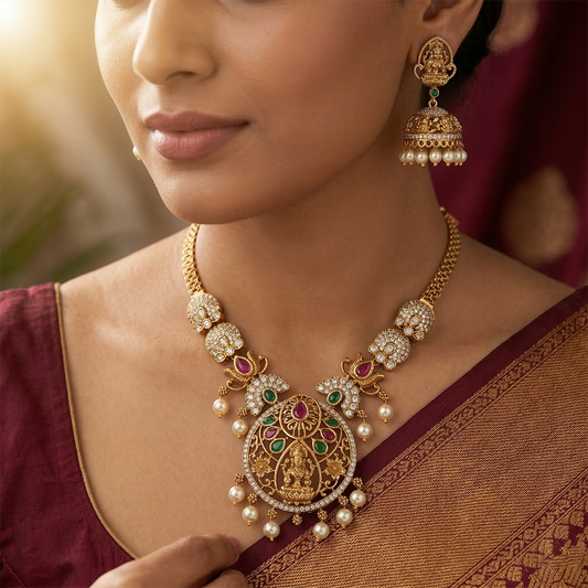 LYVVA Gold-Plated Temple Jewellery Long Necklace Set with Multicolor Stones & Pearl Drops for Women | Festive & Bridal Collection | SJ003