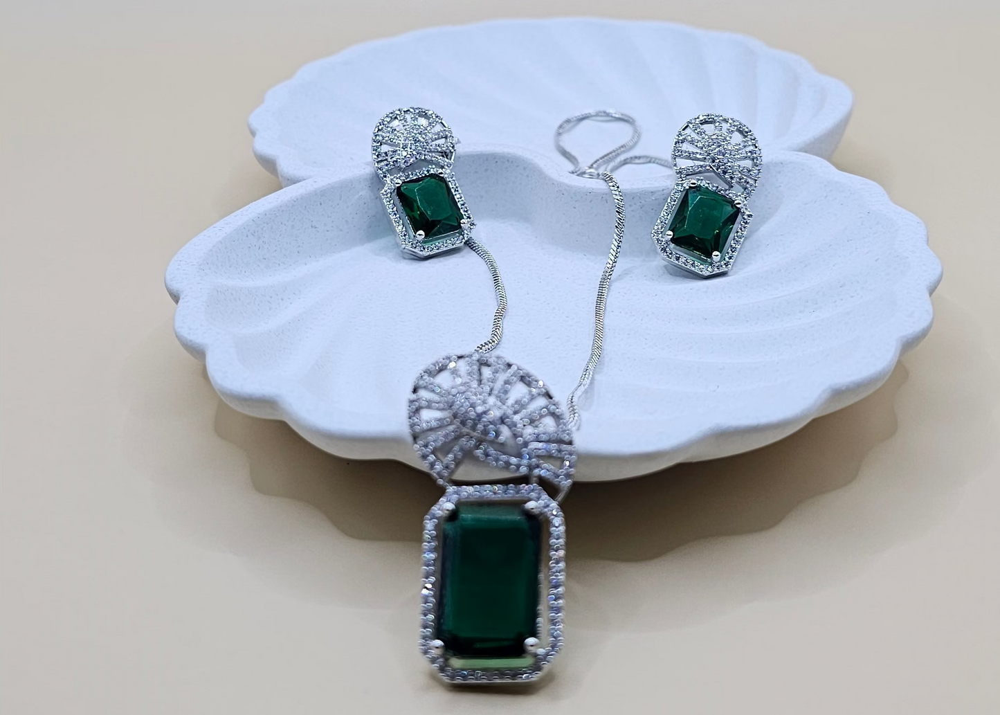 Silver & Green American Diamond Pendant