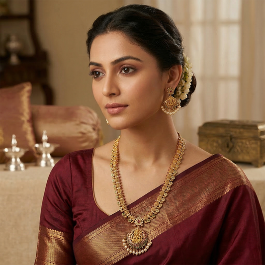 LYVVA Gold-Plated Queen Collection Temple Long Haram Necklace Set with Multicolor Stones & Pearl Drops for Women | Bridal & Wedding Jewellery | SJ022