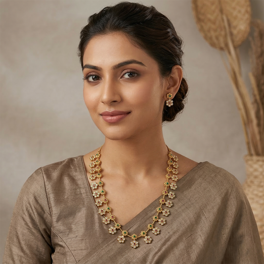 LYVVA Gold-Plated Floral Necklace Set for Women | Lightweight Festive & Daily Wear Jewellery with Multicolor Stones | SJ024