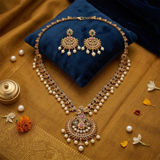 LYVVA Gold-Plated Queen Collection Temple Long Necklace Set with Multicolor Stones & Pearl Drops for Women | Bridal & Festive Jewellery | SJ015