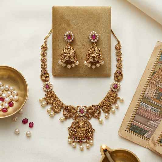 LYVVA Gold-Plated Temple Choker Necklace Set with Ruby Stones, Pearl Drops & Jhumka Earrings for Women | Festive & Bridal Collection | SJ007