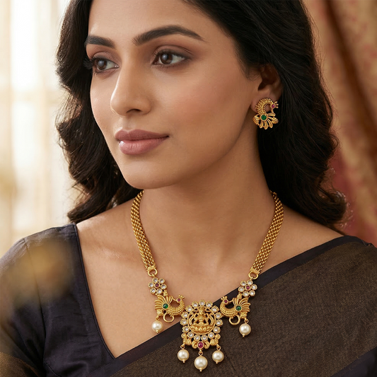 LYVVA Gold-Plated Temple Choker Necklace Set with Multicolor Stones & Pearl Drops for Women | Lightweight Festive Jewellery | SJ011