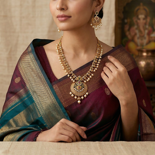 LYVVA Gold-Plated Queen Collection Long Necklace Set with Multicolor Stones & Pearl Drops for Women | Bridal & Wedding Jewellery | SJ013