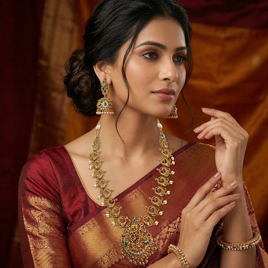 LYVVA Gold-Plated Queen Collection Temple Long Necklace Set with Peacock Design, Multicolor Stones & Pearl Drops for Women | Bridal & Festive Jewellery | SJ019