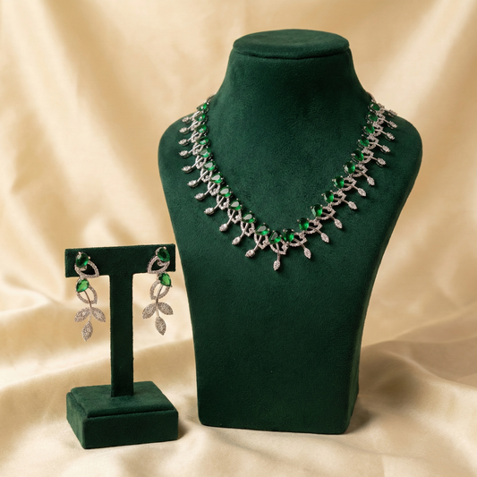 Pink Stone Leaf Design Necklace & Earring Set