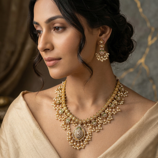 LYVVA Gold-Plated Queen Collection Bridal Choker Necklace Set with Pearl Layers & Stone Work for Women | Heavy Wedding Jewellery | SJ017