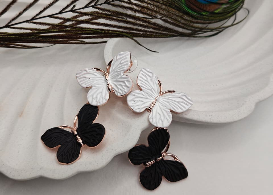 Black & White Double Butterfly Drop Earrings