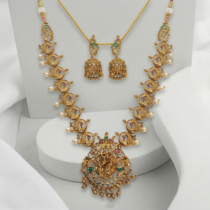 LYVVA Gold-Plated Queen Collection Temple Long Necklace Set with Peacock Design, Multicolor Stones & Pearl Drops for Women | Bridal & Festive Jewellery | SJ019