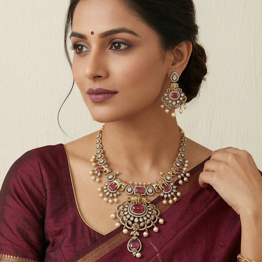 LYVVA Gold-Plated Queen Collection Bridal Statement Necklace Set with Elephant Motif, Ruby Stones & Pearl Drops for Women | Luxury Wedding Jewellery | SJ020