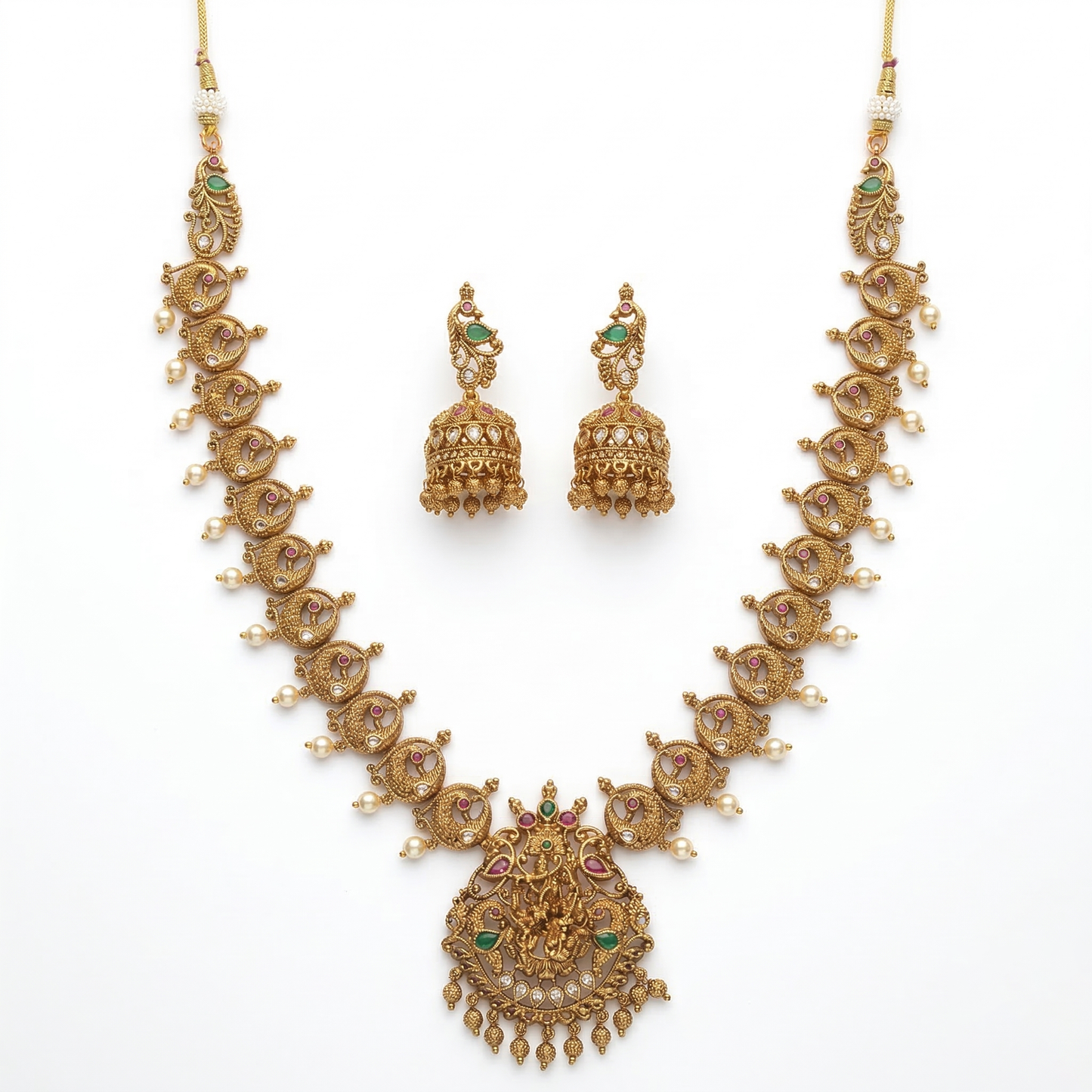 LYVVA Gold-Plated Queen Collection Temple Long Necklace Set with Peacock Design, Multicolor Stones & Pearl Drops for Women | Bridal & Festive Jewellery | SJ019