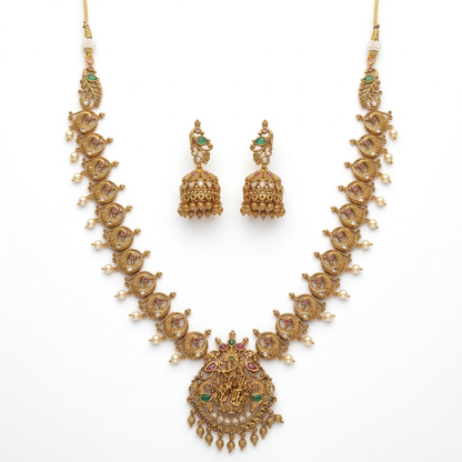 LYVVA Gold-Plated Queen Collection Temple Long Necklace Set with Peacock Design, Multicolor Stones & Pearl Drops for Women | Bridal & Festive Jewellery | SJ019