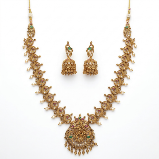 LYVVA Gold-Plated Queen Collection Temple Long Necklace Set with Peacock Design, Multicolor Stones & Pearl Drops for Women | Bridal & Festive Jewellery | SJ019