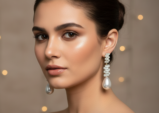 Radiant Pearl & Baguette Diamond Drop Earrings make description