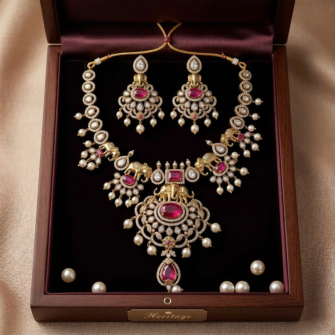 LYVVA Gold-Plated Queen Collection Bridal Statement Necklace Set with Elephant Motif, Ruby Stones & Pearl Drops for Women | Luxury Wedding Jewellery | SJ020