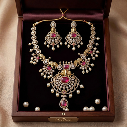 LYVVA Gold-Plated Queen Collection Bridal Statement Necklace Set with Elephant Motif, Ruby Stones & Pearl Drops for Women | Luxury Wedding Jewellery | SJ020