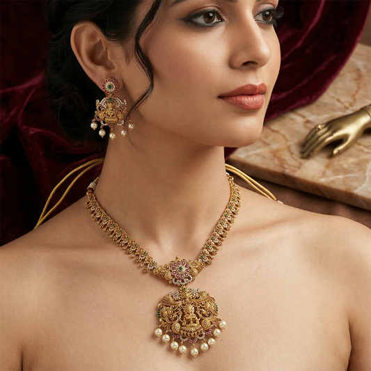 LYVVA Gold-Plated Queen Collection Temple Long Necklace Set with Multicolor Stones & Pearl Drops for Women | Bridal & Wedding Jewellery | SJ014