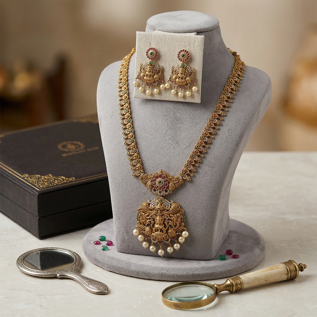LYVVA Gold-Plated Queen Collection Temple Long Necklace Set with Multicolor Stones & Pearl Drops for Women | Bridal & Wedding Jewellery | SJ014