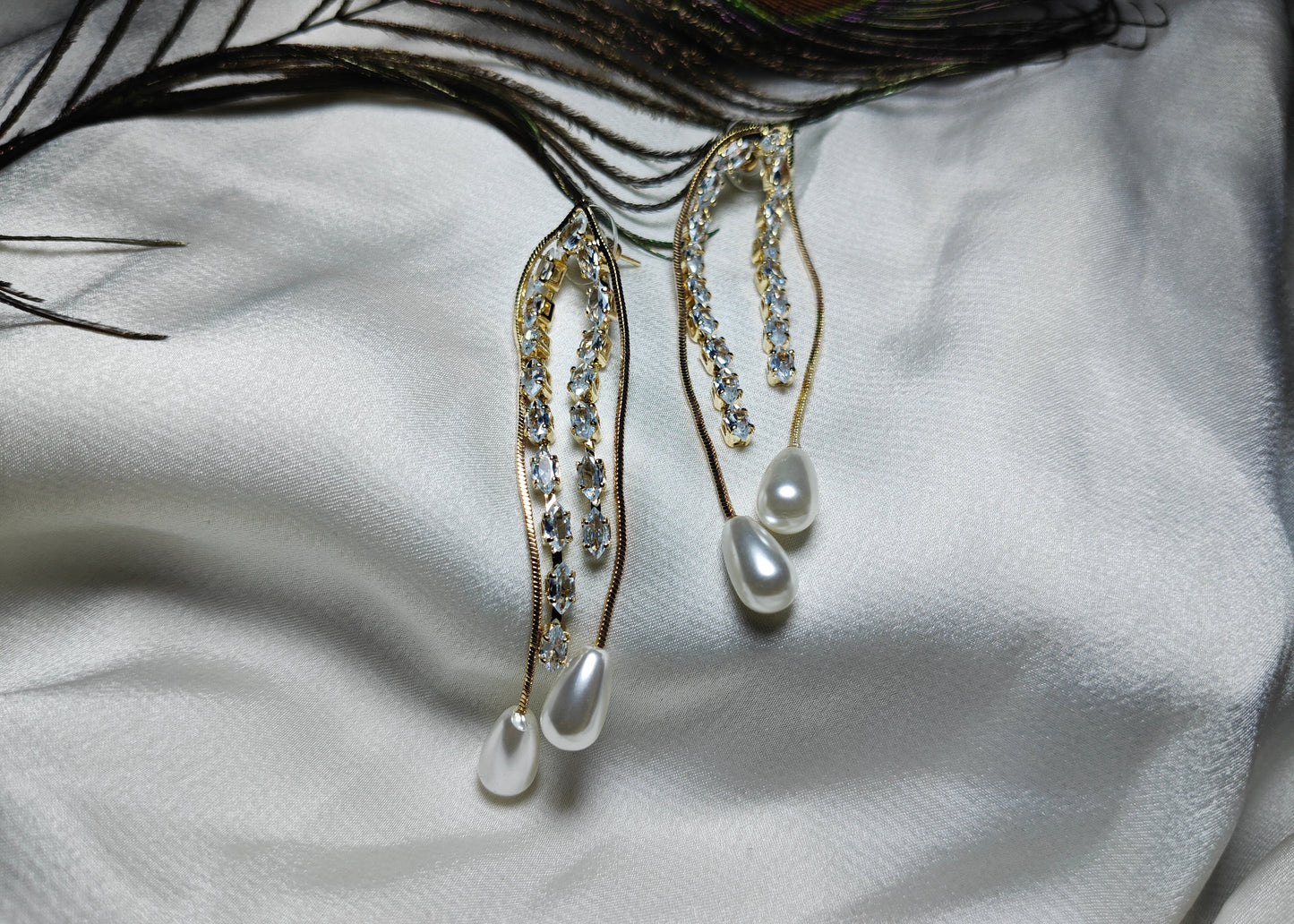 Cascade of Light: Long Pearl & Crystal Drop Earrings