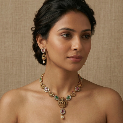LYVVA Gold-Plated Temple Necklace Set with Multicolor Stones, Peacock Design & Pearl Drop for Women | Festive Jewellery | SJ021