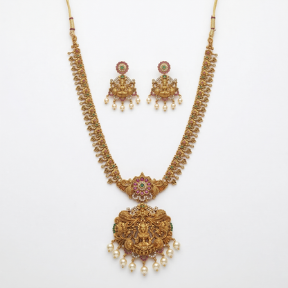 LYVVA Gold-Plated Queen Collection Temple Long Necklace Set with Multicolor Stones & Pearl Drops for Women | Bridal & Wedding Jewellery | SJ014