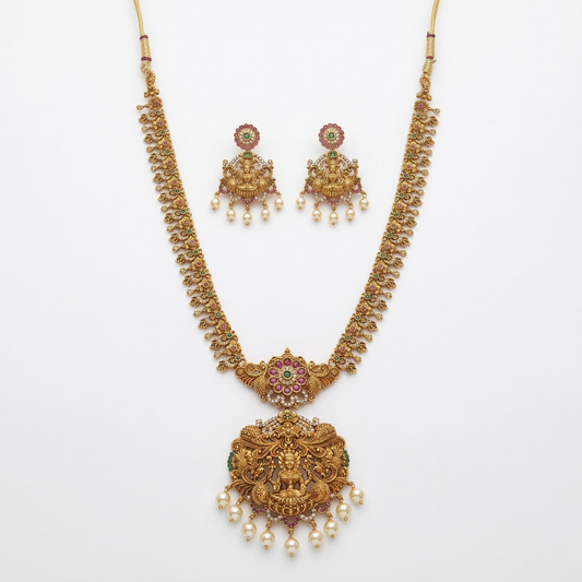 LYVVA Gold-Plated Queen Collection Temple Long Necklace Set with Multicolor Stones & Pearl Drops for Women | Bridal & Wedding Jewellery | SJ014