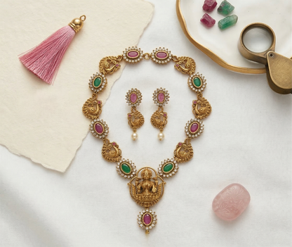 LYVVA Gold-Plated Temple Necklace Set with Multicolor Stones, Peacock Design & Pearl Drop for Women | Festive Jewellery | SJ021