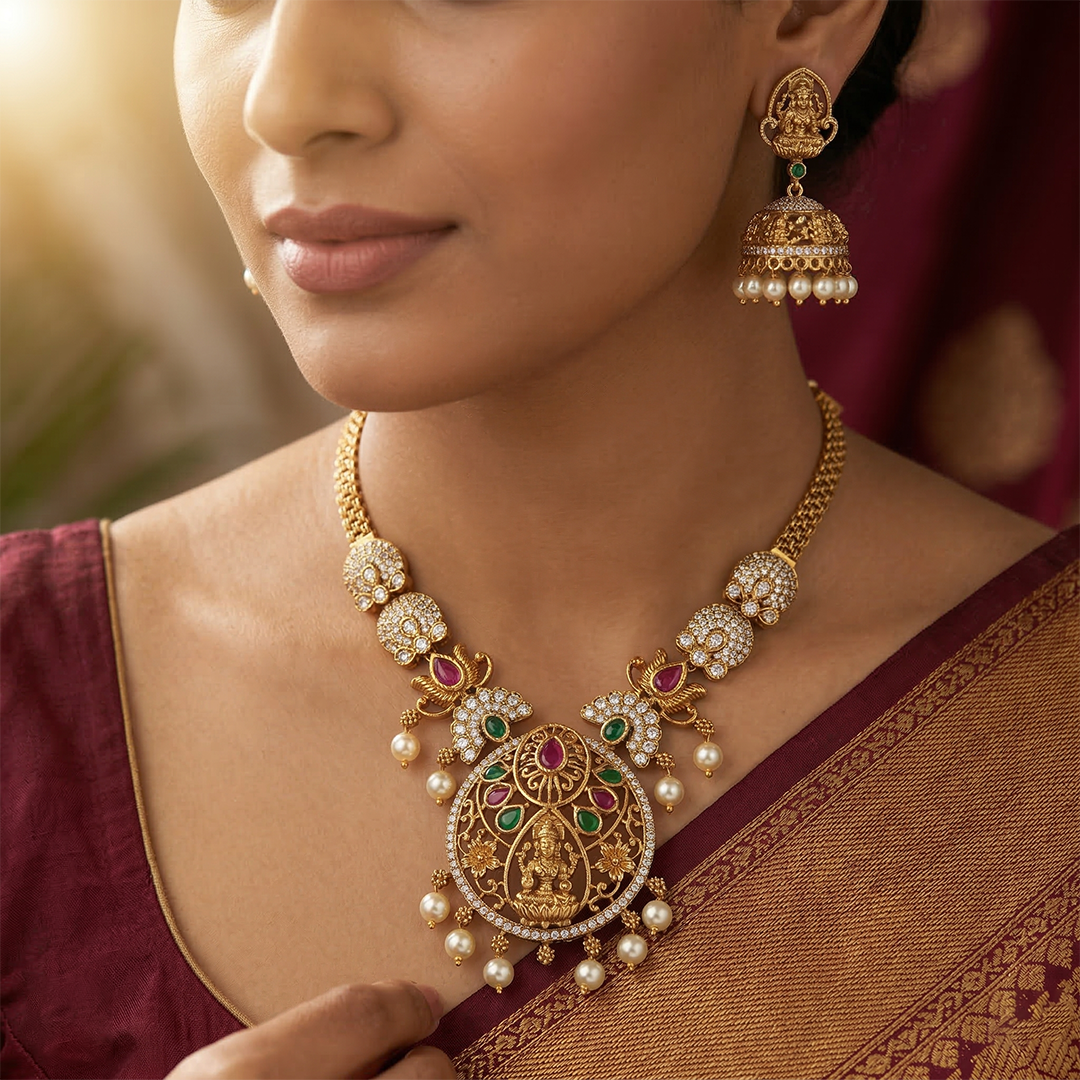 LYVVA Gold-Plated Temple Jewellery Long Necklace Set with Multicolor Stones & Pearl Drops for Women | Festive & Bridal Collection | SJ003