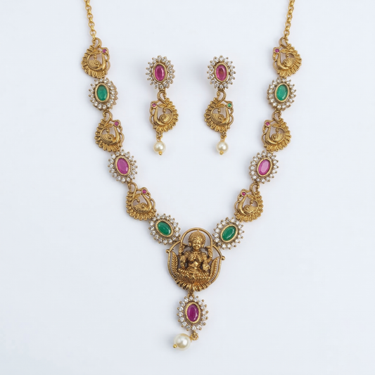 LYVVA Gold-Plated Temple Necklace Set with Multicolor Stones, Peacock Design & Pearl Drop for Women | Festive Jewellery | SJ021