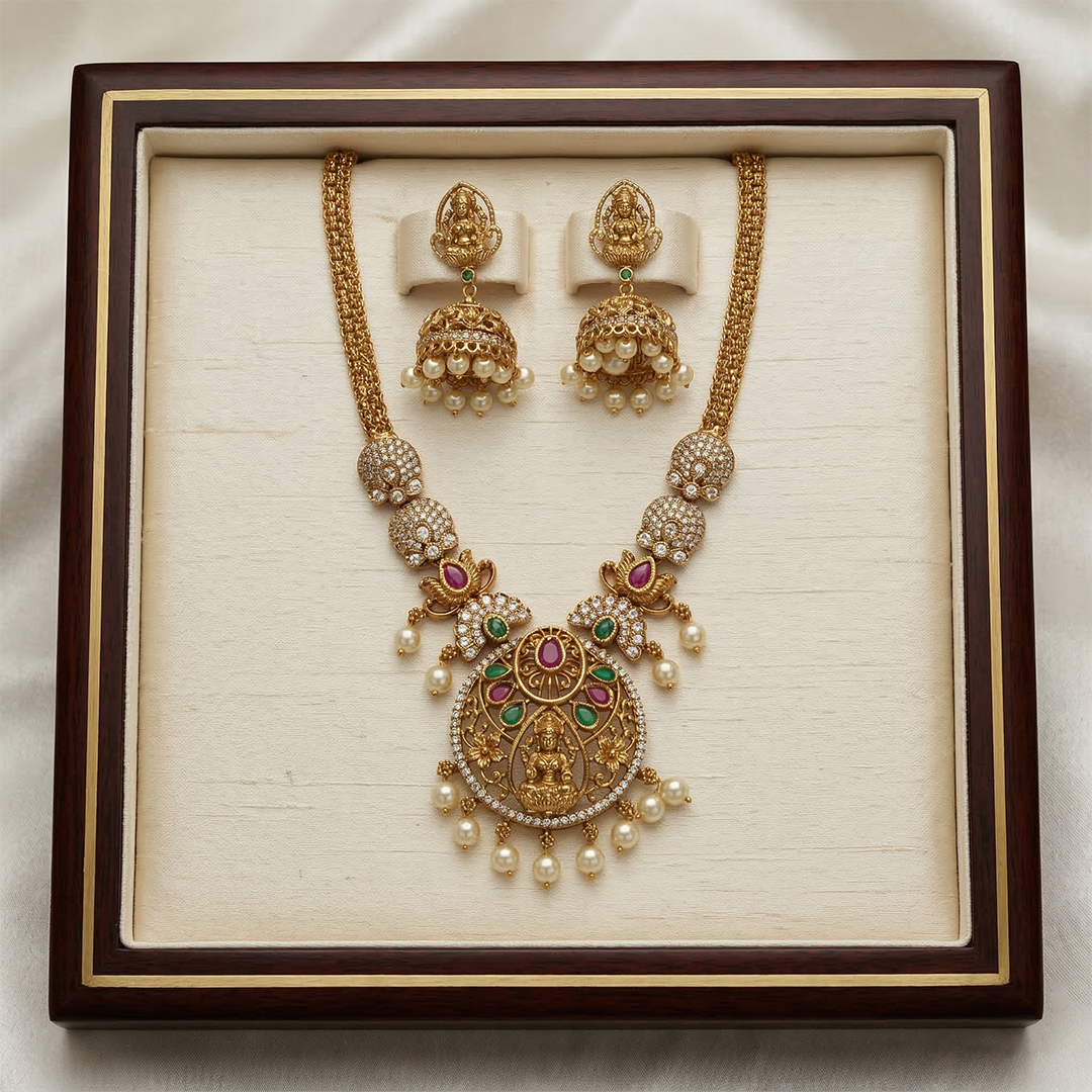 LYVVA Gold-Plated Temple Jewellery Long Necklace Set with Multicolor Stones & Pearl Drops for Women | Festive & Bridal Collection | SJ003