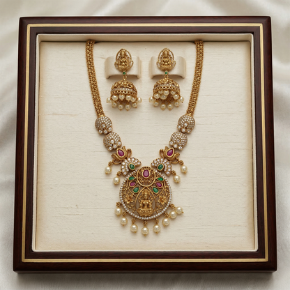 LYVVA Gold-Plated Temple Jewellery Long Necklace Set with Multicolor Stones & Pearl Drops for Women | Festive & Bridal Collection | SJ003