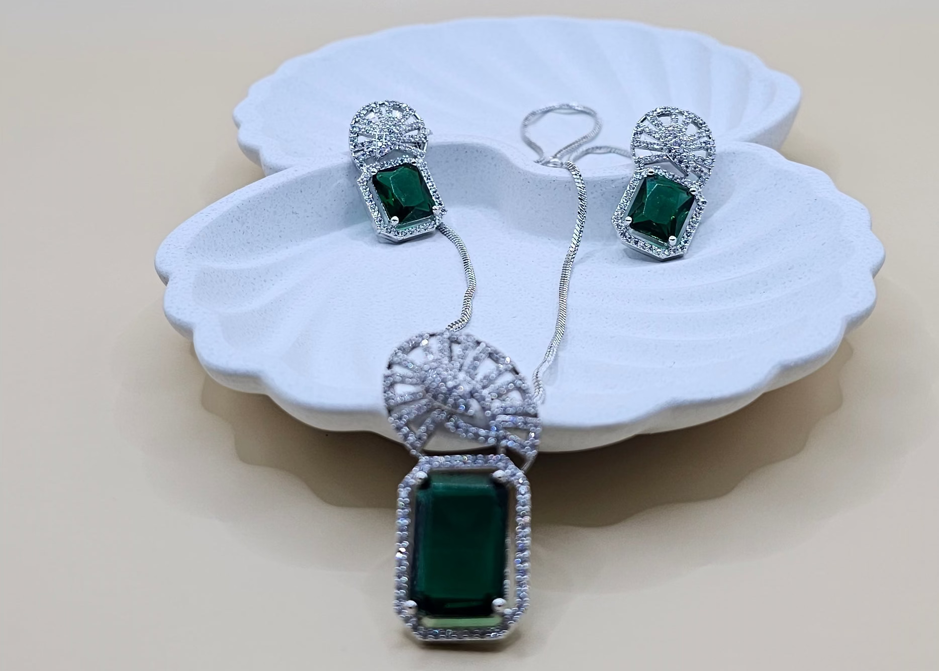 Silver & Green American Diamond Pendant