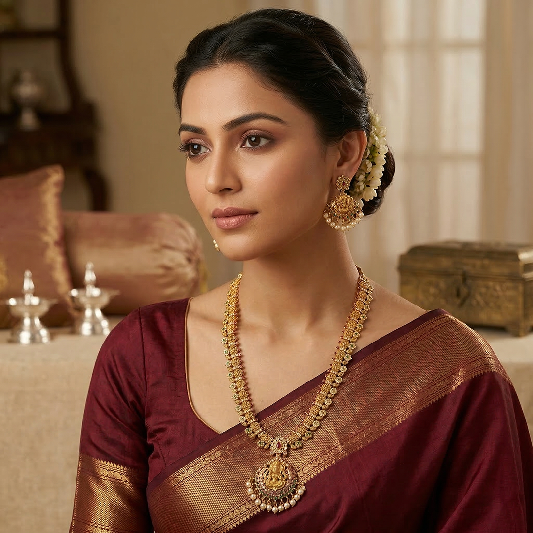 LYVVA Gold-Plated Queen Collection Temple Long Haram Necklace Set with Multicolor Stones & Pearl Drops for Women | Bridal & Wedding Jewellery | SJ022