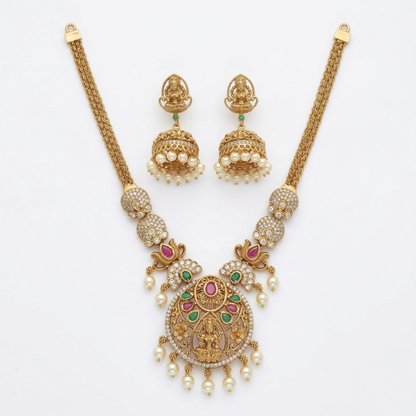 LYVVA Gold-Plated Temple Jewellery Long Necklace Set with Multicolor Stones & Pearl Drops for Women | Festive & Bridal Collection | SJ003