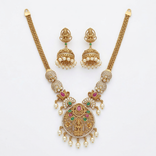 LYVVA Gold-Plated Temple Jewellery Long Necklace Set with Multicolor Stones & Pearl Drops for Women | Festive & Bridal Collection | SJ003
