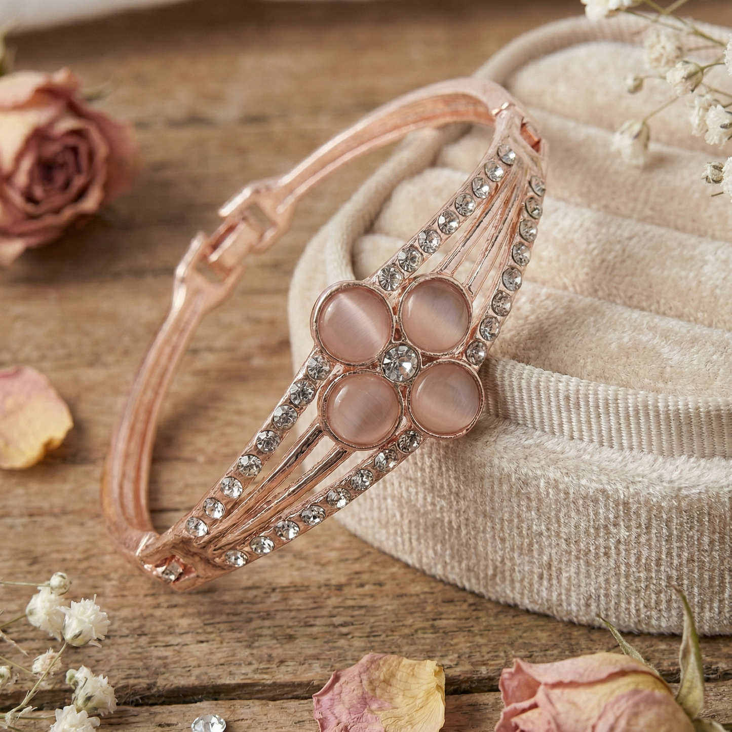 Rose Gold Floral Cat’s Eye Crystal Statement Bracelet