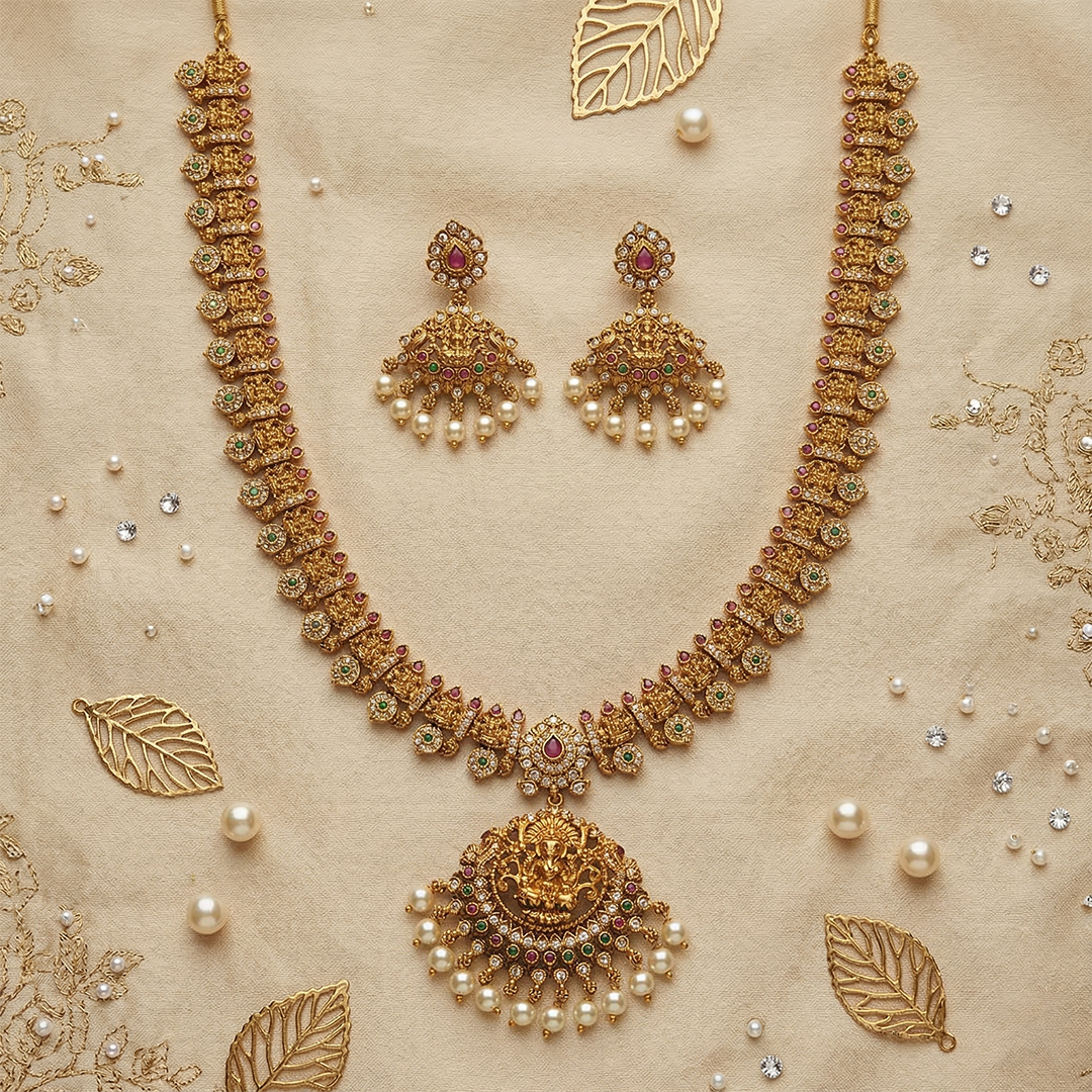 LYVVA Gold-Plated Queen Collection Temple Long Haram Necklace Set with Multicolor Stones & Pearl Drops for Women | Bridal & Wedding Jewellery | SJ022