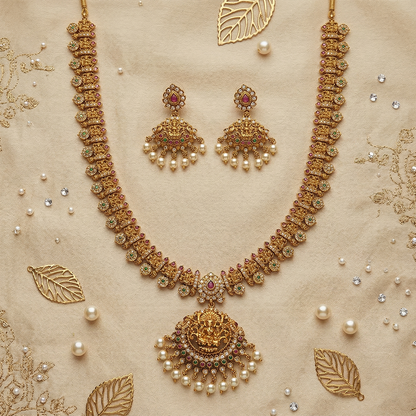 LYVVA Gold-Plated Queen Collection Temple Long Haram Necklace Set with Multicolor Stones & Pearl Drops for Women | Bridal & Wedding Jewellery | SJ022