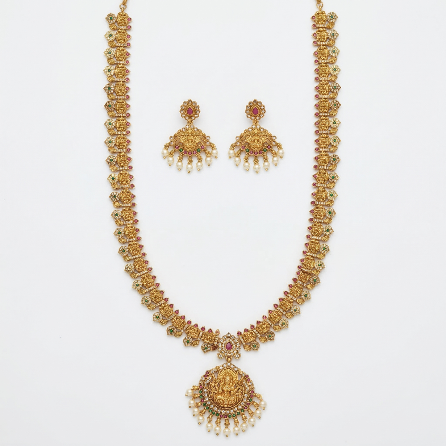 LYVVA Gold-Plated Queen Collection Temple Long Haram Necklace Set with Multicolor Stones & Pearl Drops for Women | Bridal & Wedding Jewellery | SJ022