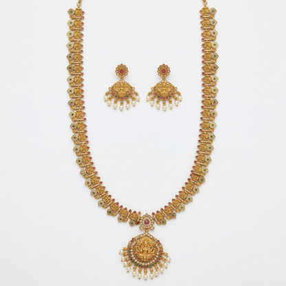 LYVVA Gold-Plated Queen Collection Temple Long Haram Necklace Set with Multicolor Stones & Pearl Drops for Women | Bridal & Wedding Jewellery | SJ022