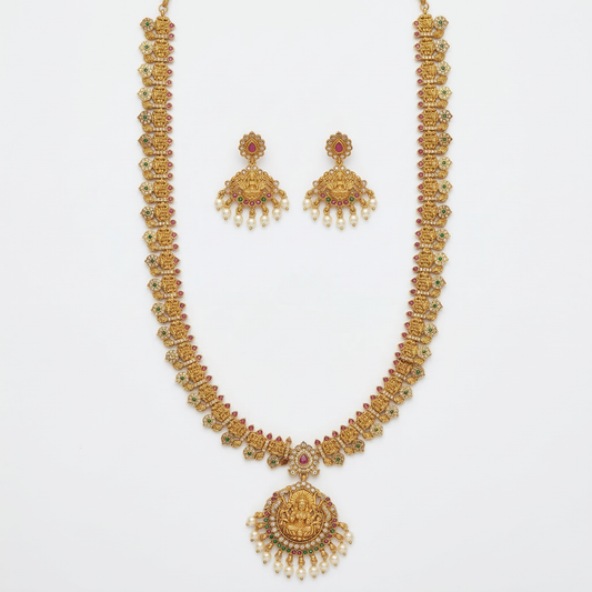LYVVA Gold-Plated Queen Collection Temple Long Haram Necklace Set with Multicolor Stones & Pearl Drops for Women | Bridal & Wedding Jewellery | SJ022
