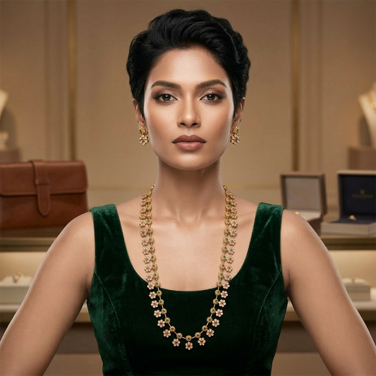 LYVVA Gold-Plated Long Floral Necklace Set with Multicolor Stones for Women | Lightweight Festive & Daily Wear Jewellery | SJ023