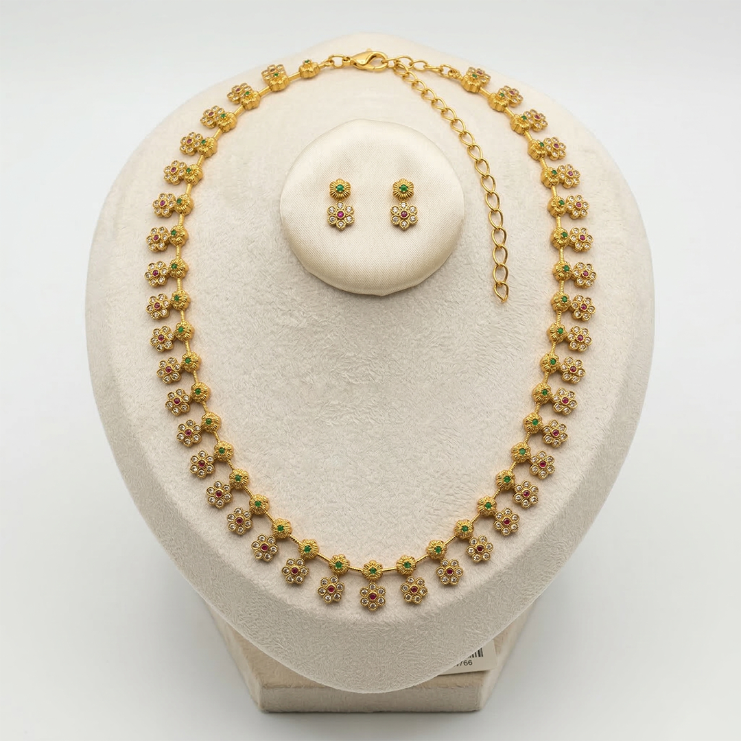 LYVVA Gold-Plated Long Floral Necklace Set with Multicolor Stones for Women | Lightweight Festive & Daily Wear Jewellery | SJ023