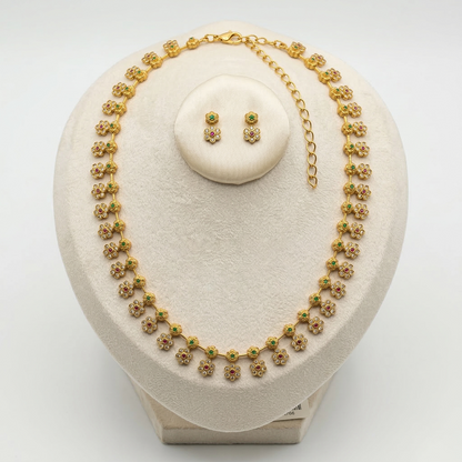 LYVVA Gold-Plated Long Floral Necklace Set with Multicolor Stones for Women | Lightweight Festive & Daily Wear Jewellery | SJ023
