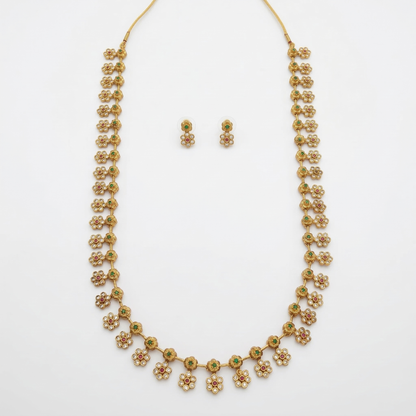 LYVVA Gold-Plated Long Floral Necklace Set with Multicolor Stones for Women | Lightweight Festive & Daily Wear Jewellery | SJ023