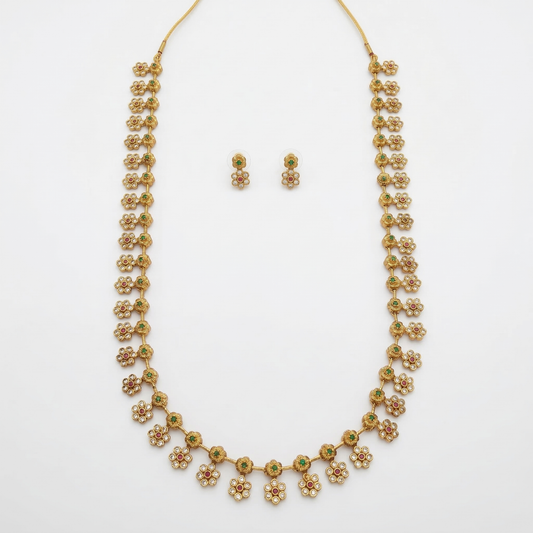 LYVVA Gold-Plated Long Floral Necklace Set with Multicolor Stones for Women | Lightweight Festive & Daily Wear Jewellery | SJ023
