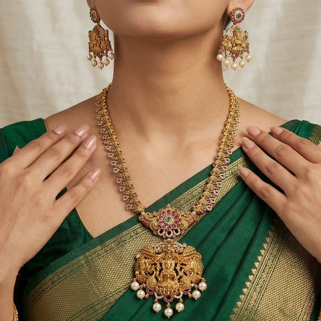 LYVVA Gold-Plated Queen Collection Temple Long Necklace Set with Multicolor Stones & Pearl Drops for Women | Bridal & Wedding Jewellery | SJ016