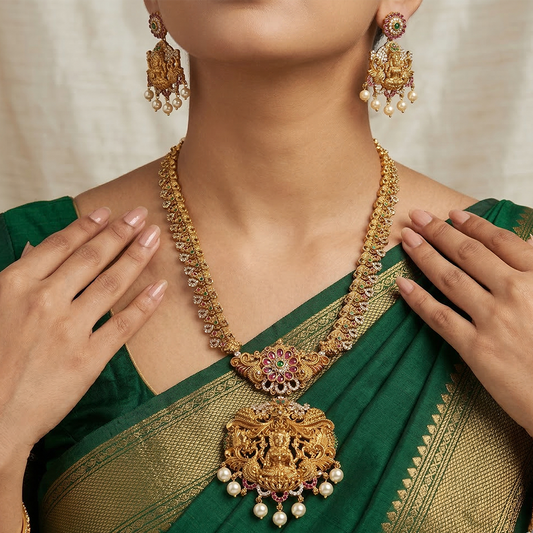 LYVVA Gold-Plated Queen Collection Temple Long Necklace Set with Multicolor Stones & Pearl Drops for Women | Bridal & Wedding Jewellery | SJ016
