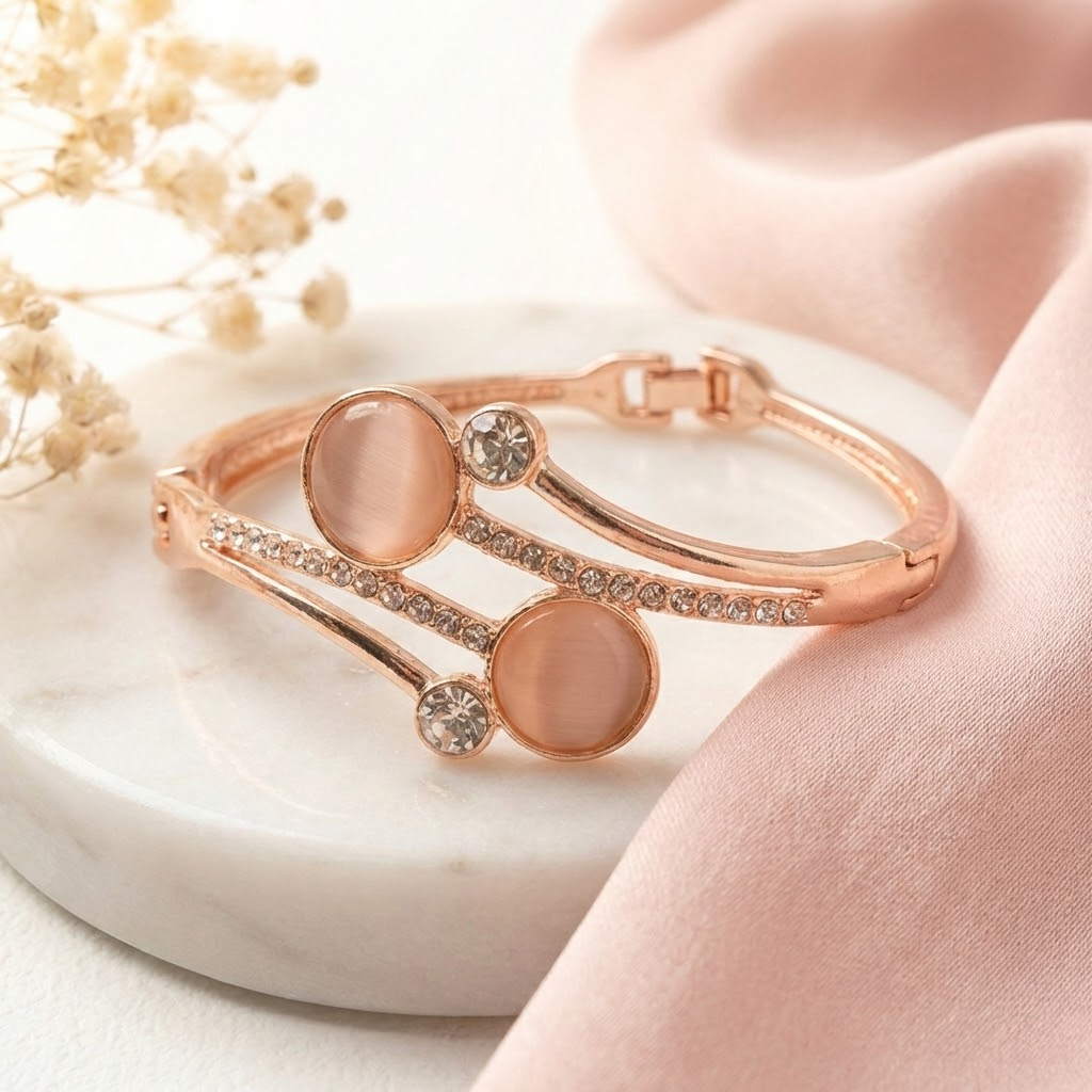 Rose Gold Twin Disc Cat’s Eye Crystal Bangle Bracelet