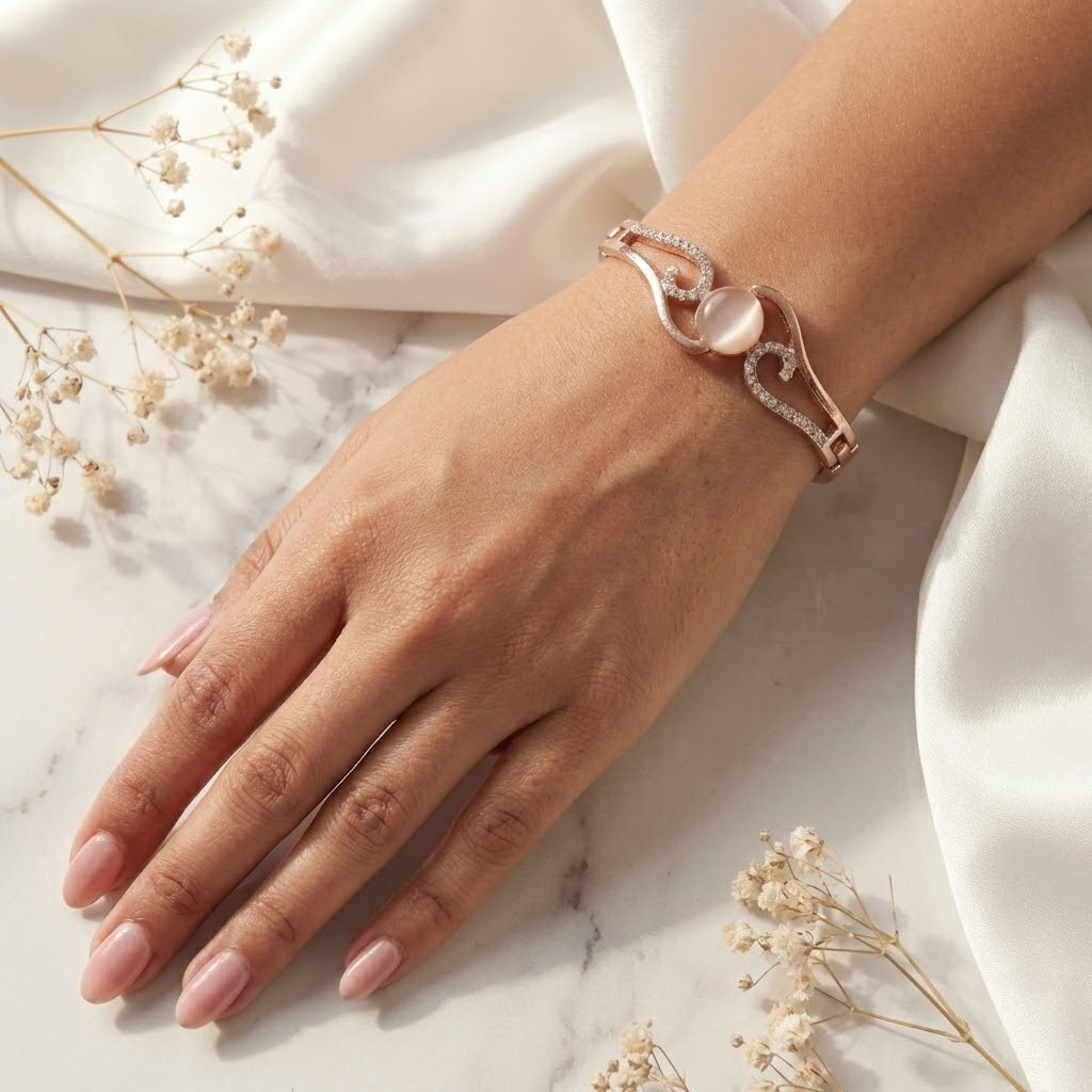Rose Gold Wave Cat’s Eye Crystal Bangle Bracelet
